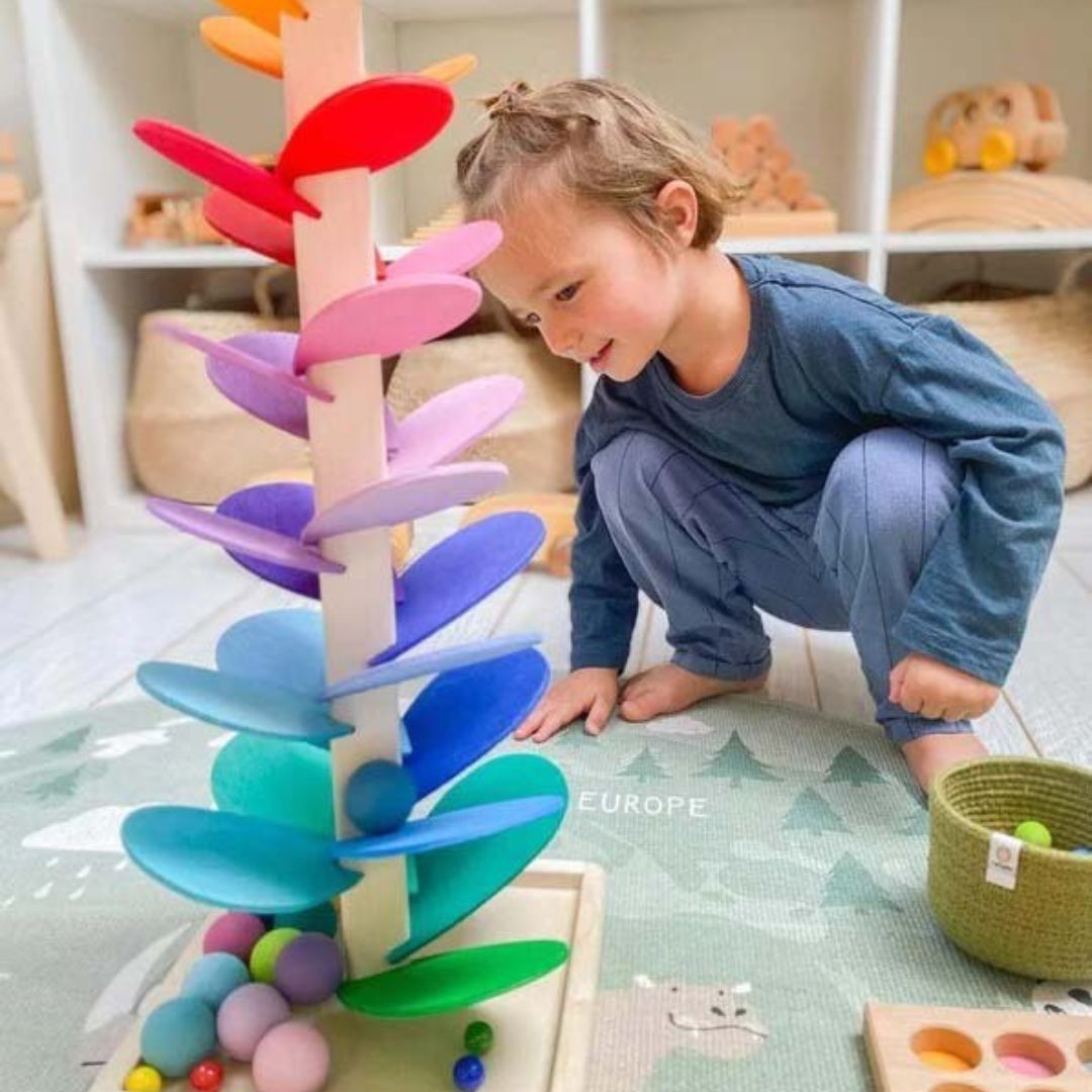 Vibrant Wooden Rainbow Marble Run Tower Toy for Kids Ages 3+