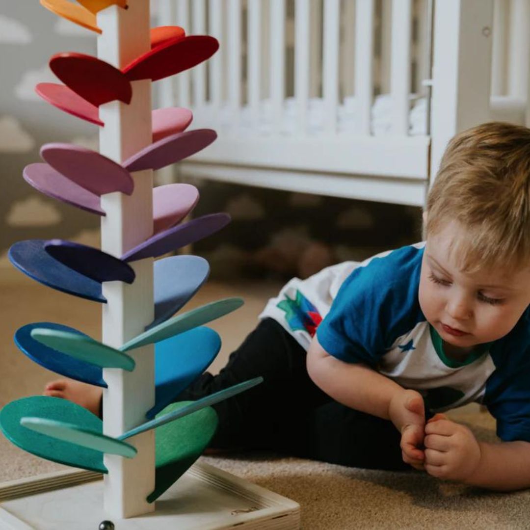 Vibrant Wooden Rainbow Marble Run Tower Toy for Kids Ages 3+
